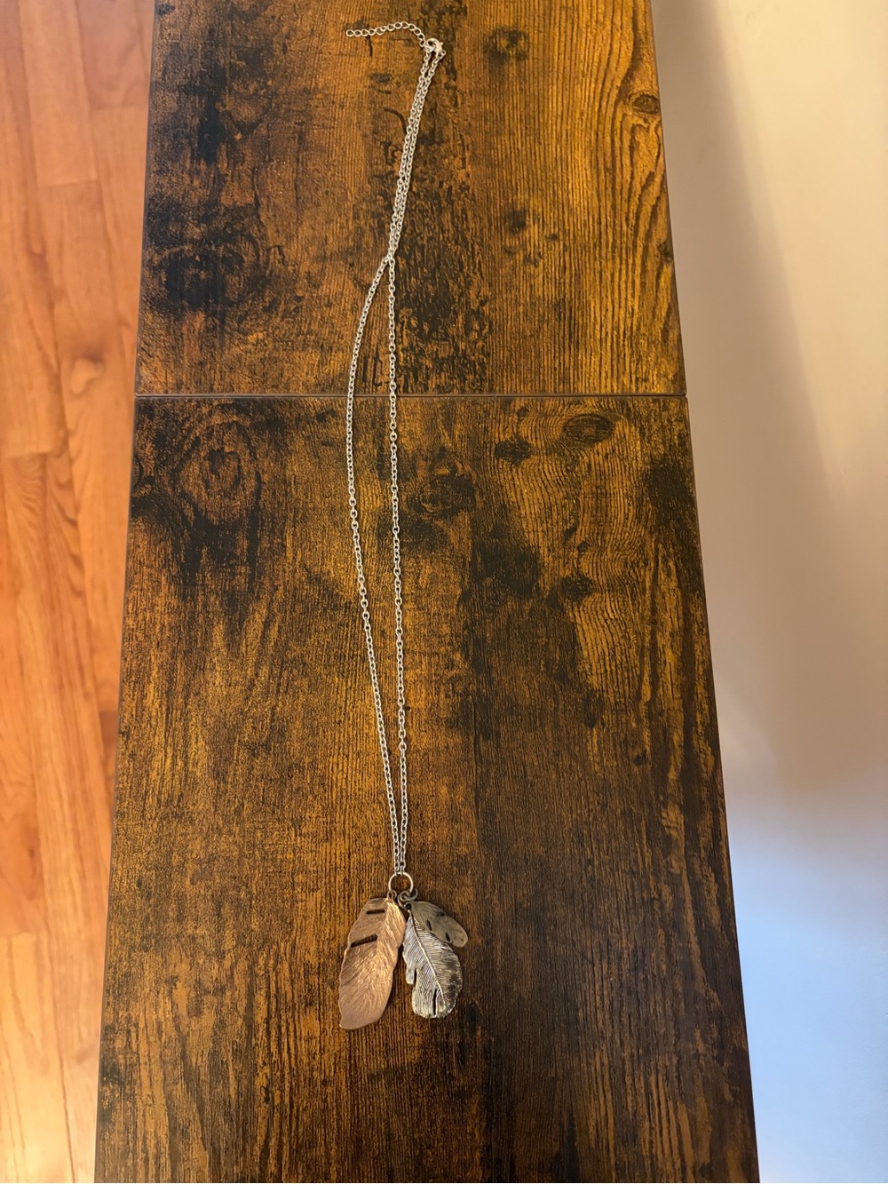 Layered Feather Pendant Necklace - Silver and Gold Tones